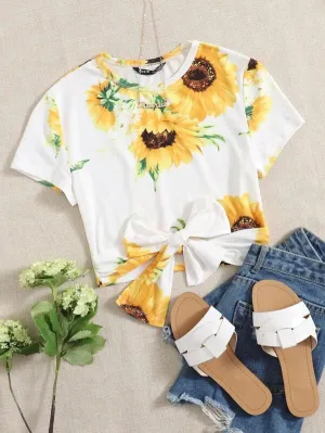 Shein brand crop top with sunflower print and tie waist