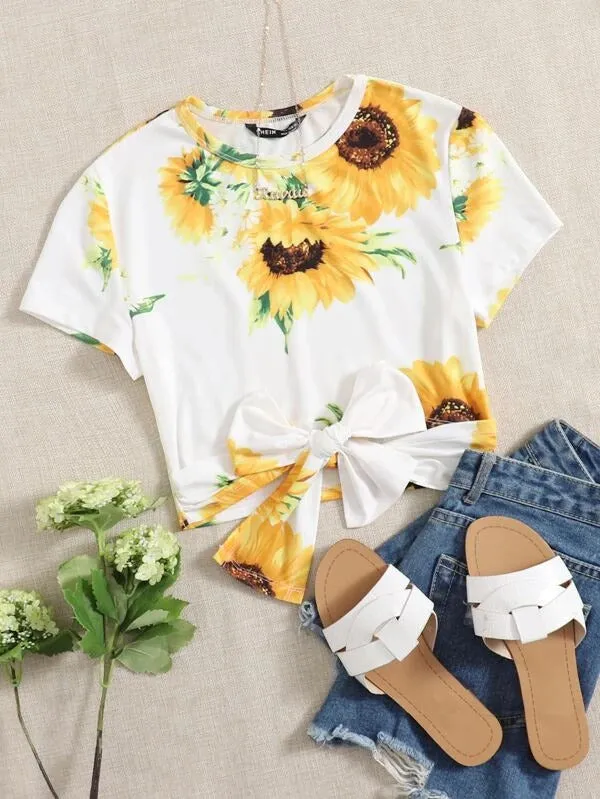 Shein brand crop top with sunflower print and tie waist