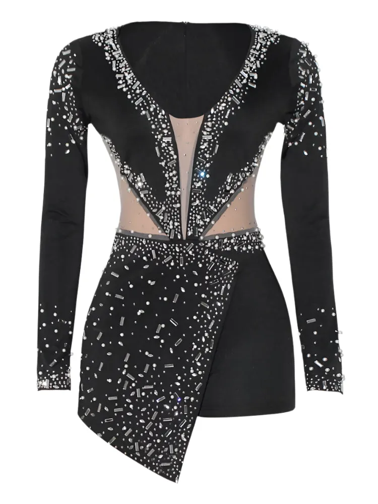 Short Prom Dresses Long Sleeve Mermaid Sequins Beaded Evening Gowns Sexy Thigh Slit Party Wear