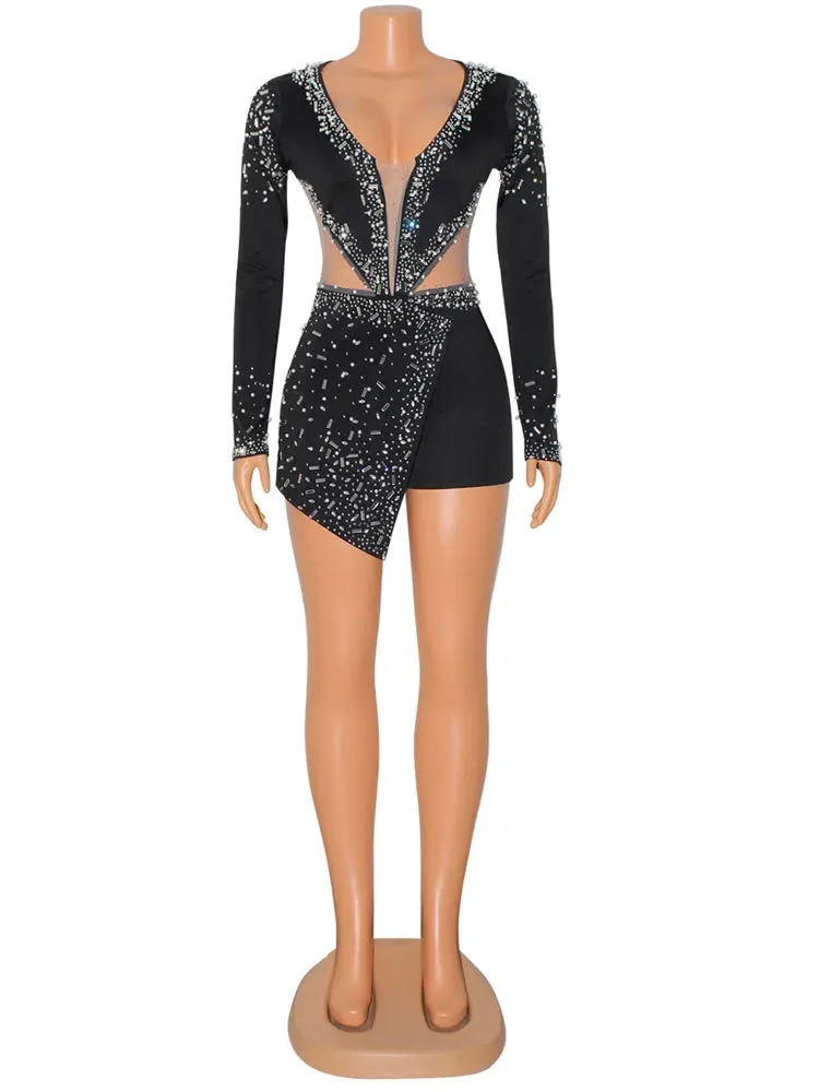 Short Prom Dresses Long Sleeve Mermaid Sequins Beaded Evening Gowns Sexy Thigh Slit Party Wear