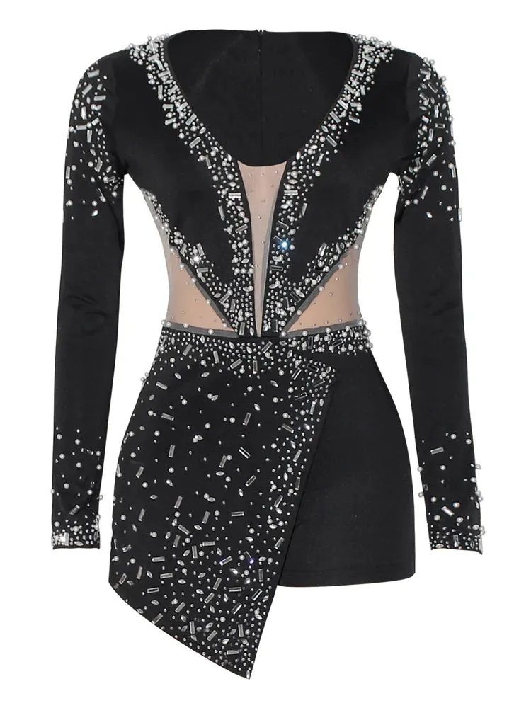 Short Prom Dresses Long Sleeve Mermaid Sequins Beaded Evening Gowns Sexy Thigh Slit Party Wear