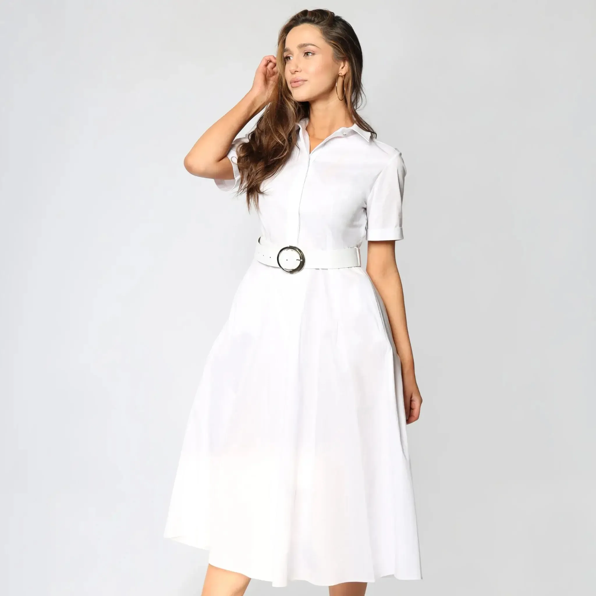 Short-Sleeve White Cotton Women's Midi Dress