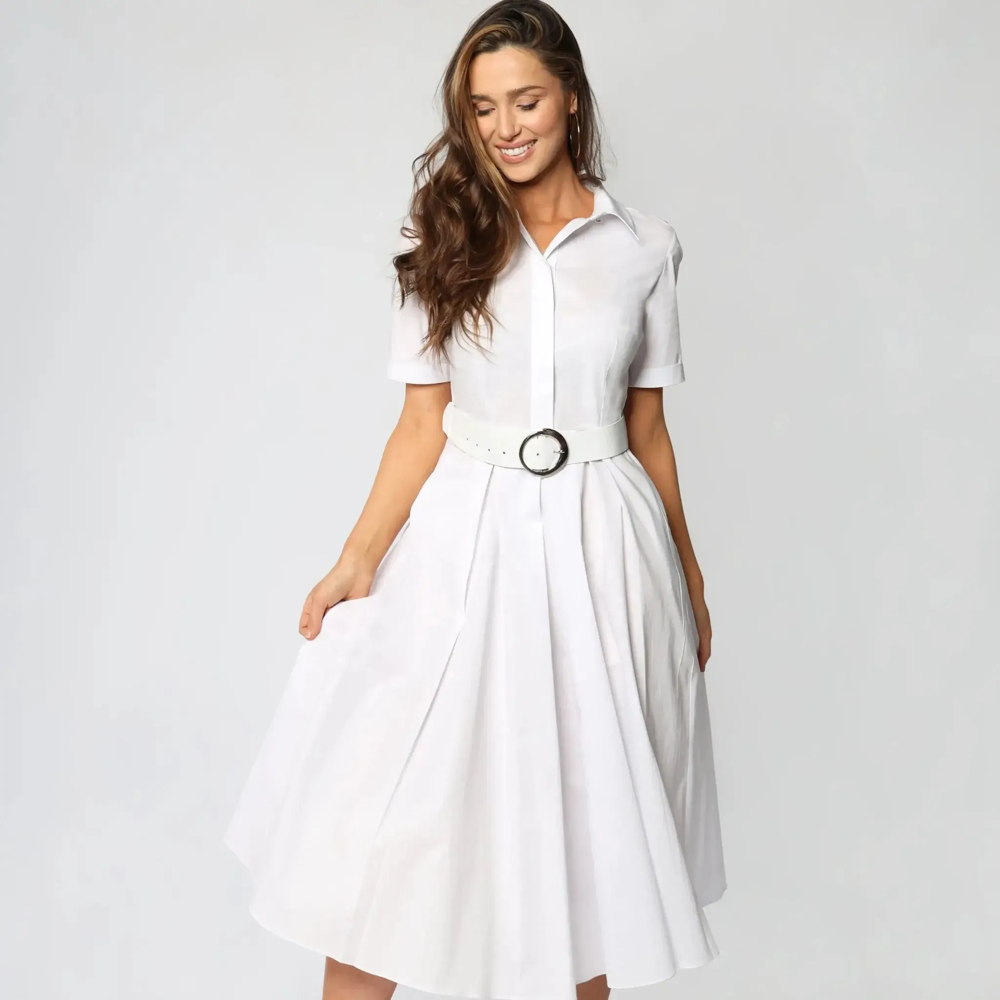 Short-Sleeve White Cotton Women's Midi Dress
