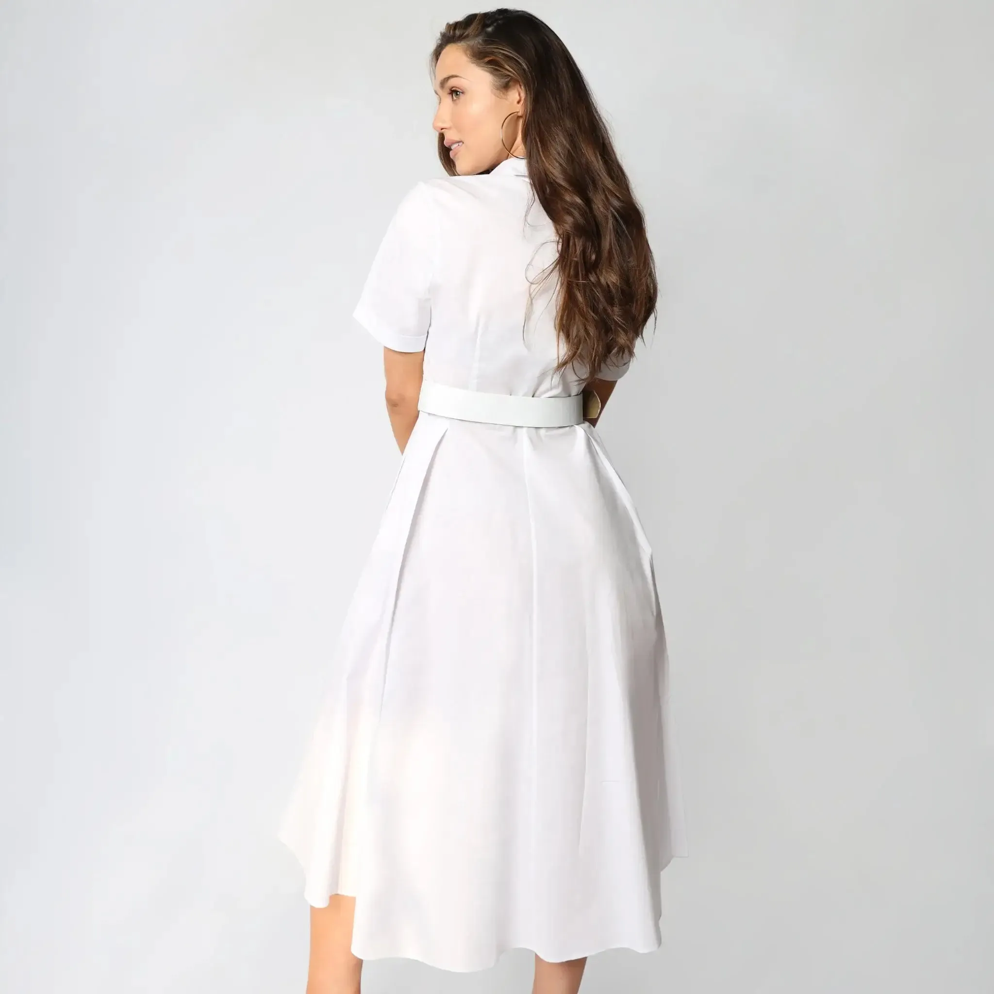 Short-Sleeve White Cotton Women's Midi Dress