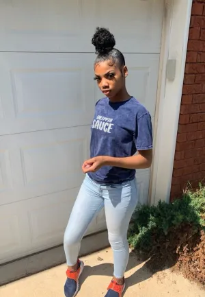 Silver Glitter Drippin Sauce | Navy Blue Vintage Wash Tee