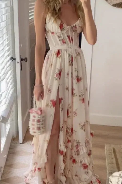 SIMGE | LONG FLOWER DRESS WITH SLIT