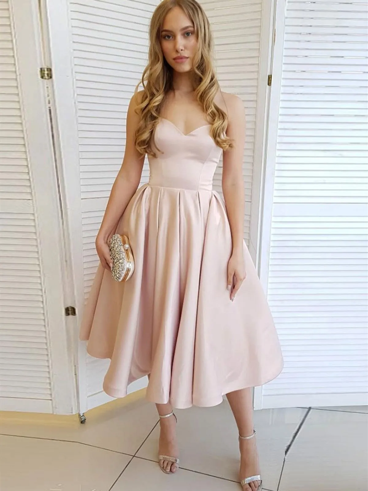 Simple sweetheart neck satin short prom dresses, light pink homecoming Graduation dresses