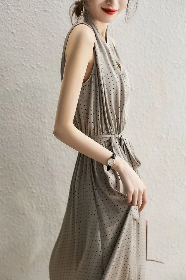 Sleeveless V Neck Front Tie Midi Dress