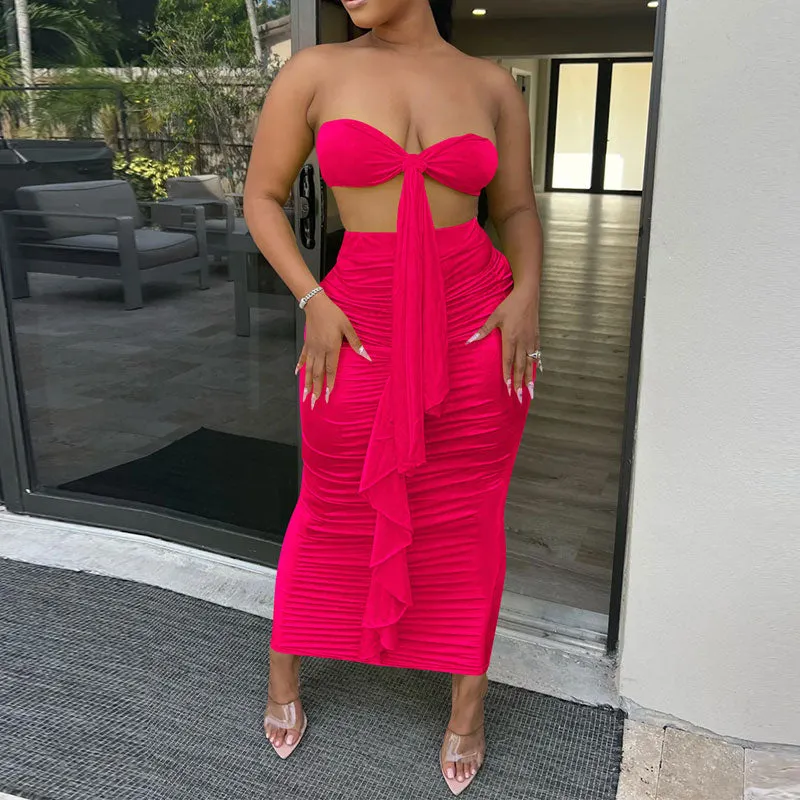 Solid Knotted Bandeau Top & Ruched Skirt Set