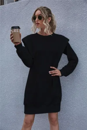 Solid Shoulder Pads Knitted Mini Women Dress