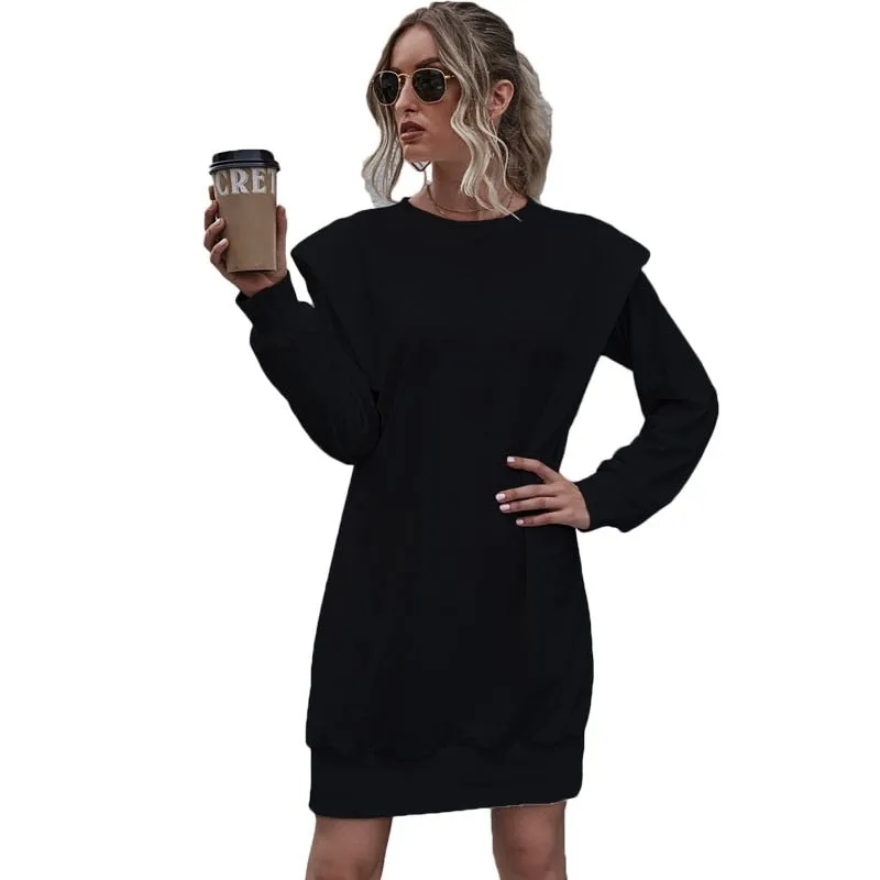 Solid Shoulder Pads Knitted Mini Women Dress