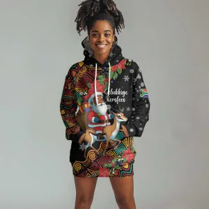 South Africa Gelukkige Kersfees Hoodie Dress Black Santa Claus Riding Springbok LT01