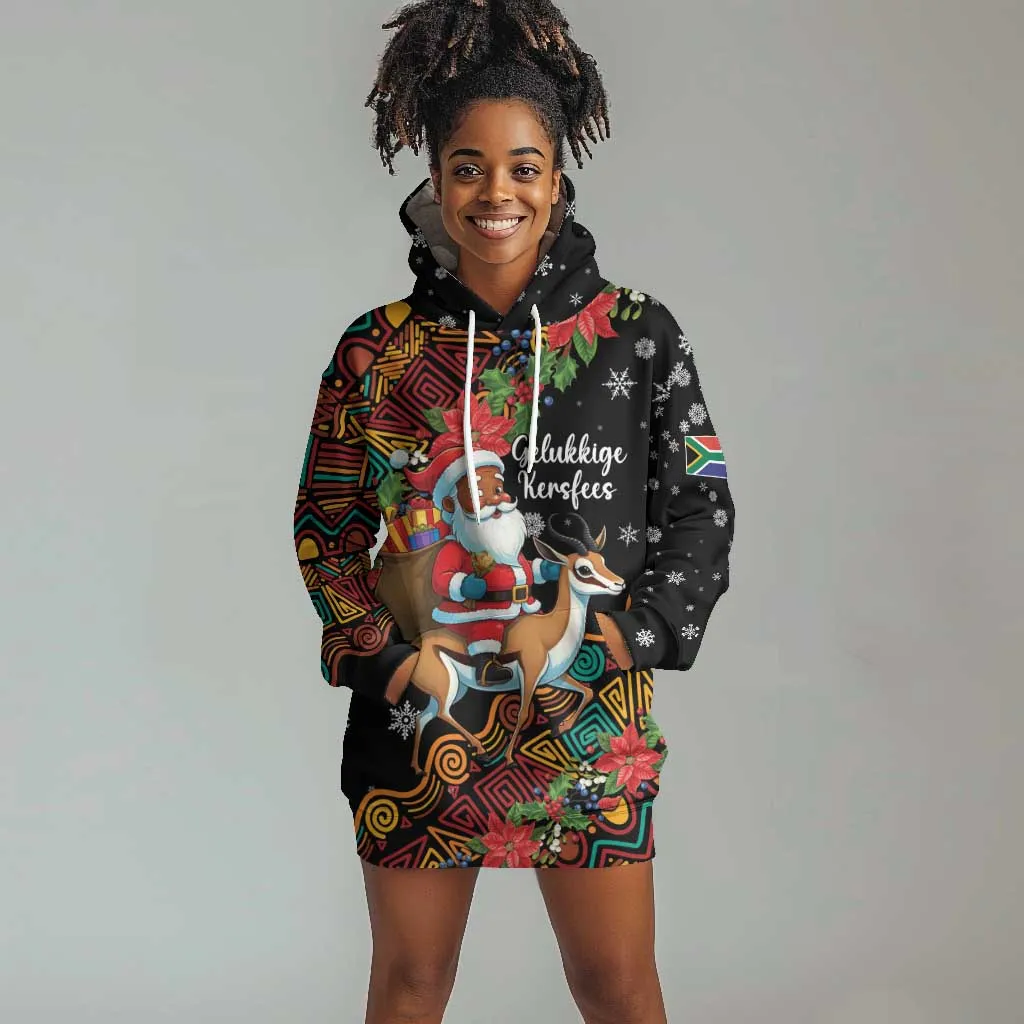 South Africa Gelukkige Kersfees Hoodie Dress Black Santa Claus Riding Springbok LT01
