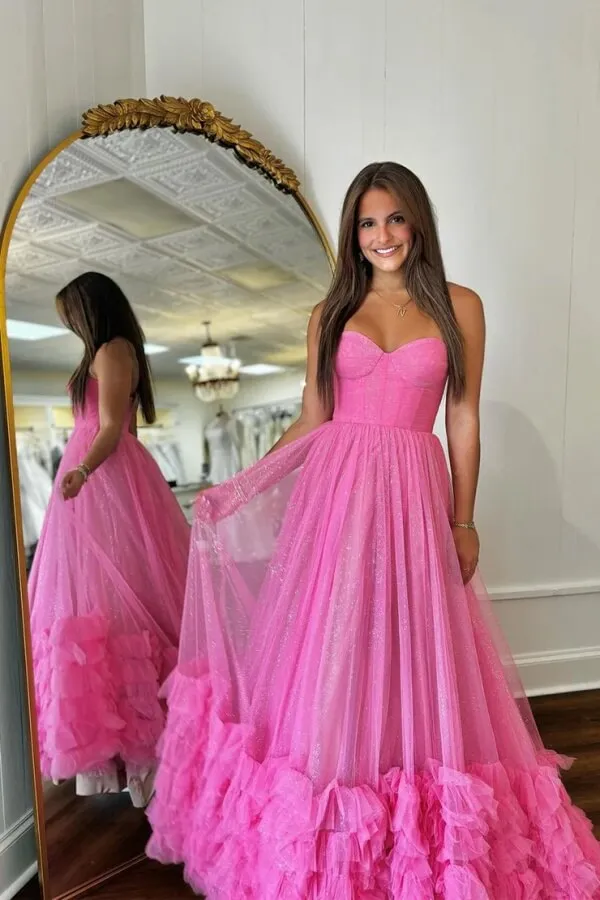 Sparkly Tulle Fuchsia Strapless Ruffled Tiered A Line Long Prom Dresses, SLP055