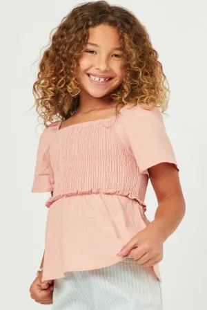Square Neck Textured Smocked Ruffle Sleeve Top