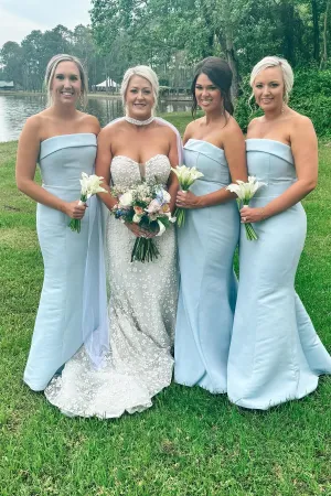 Strapless Light Blue Mermaid Long Bridesmaid Dress
