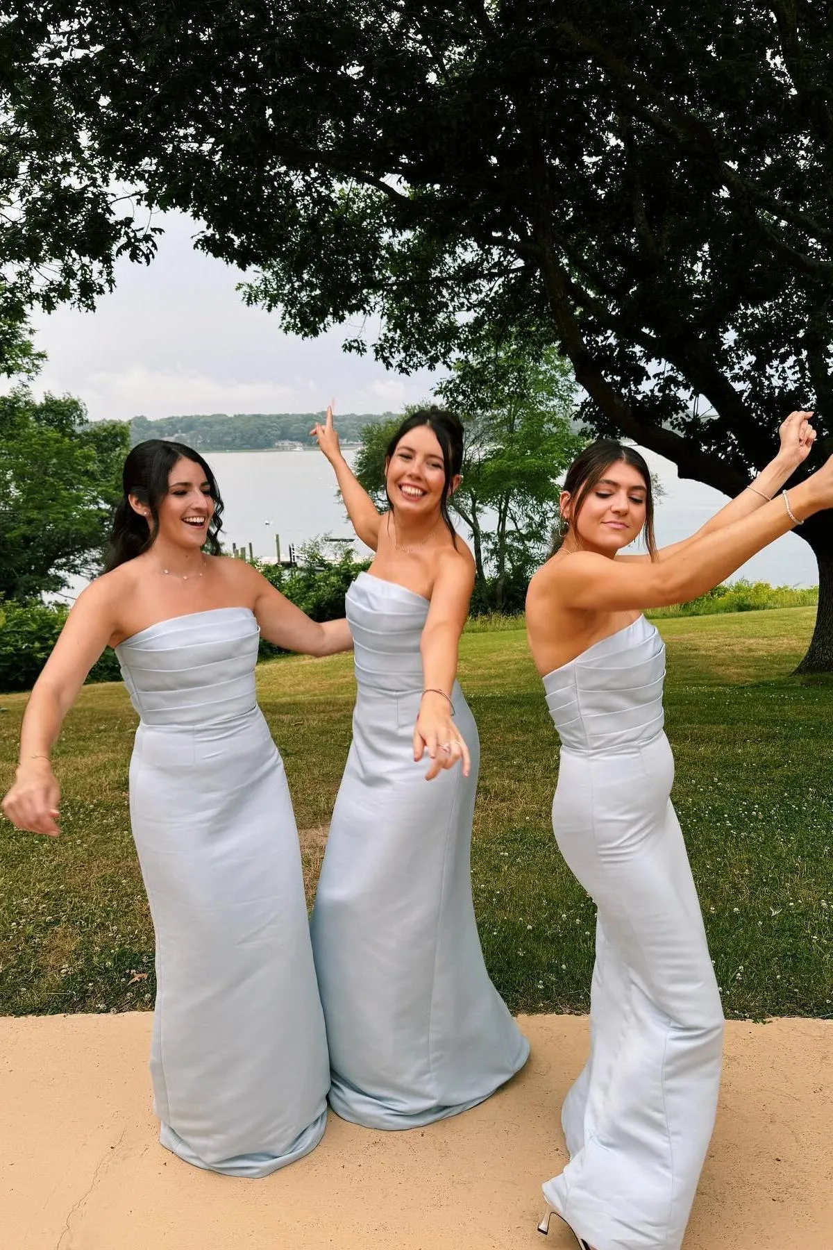 Strapless Light Blue Ruched Fitted Long Party Dress