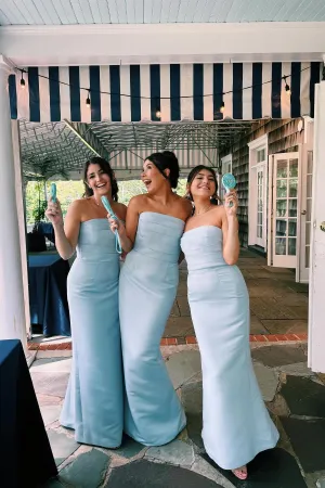 Strapless Light Blue Ruched Fitted Long Party Dress