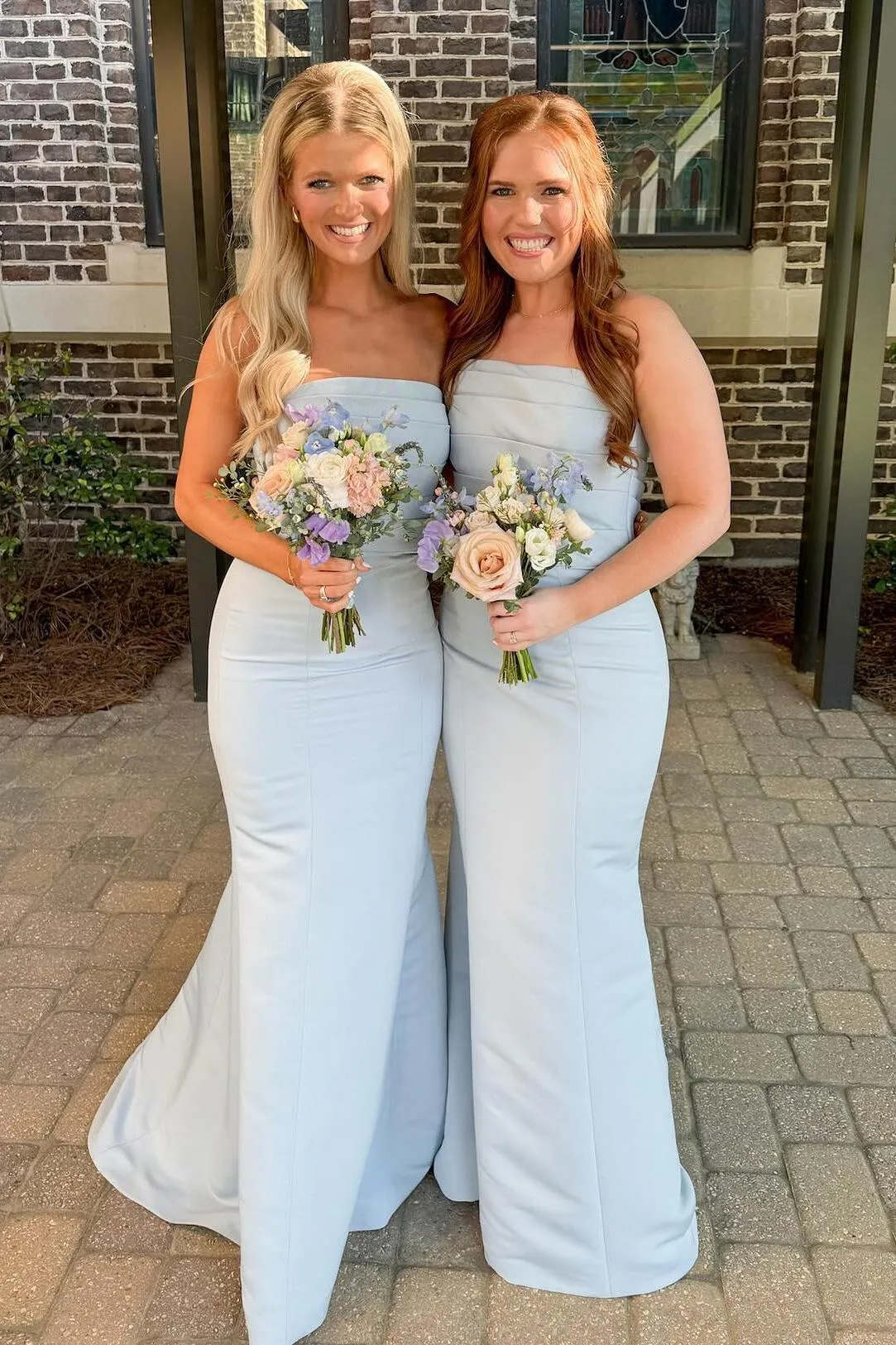 Strapless Light Blue Ruched Fitted Long Party Dress