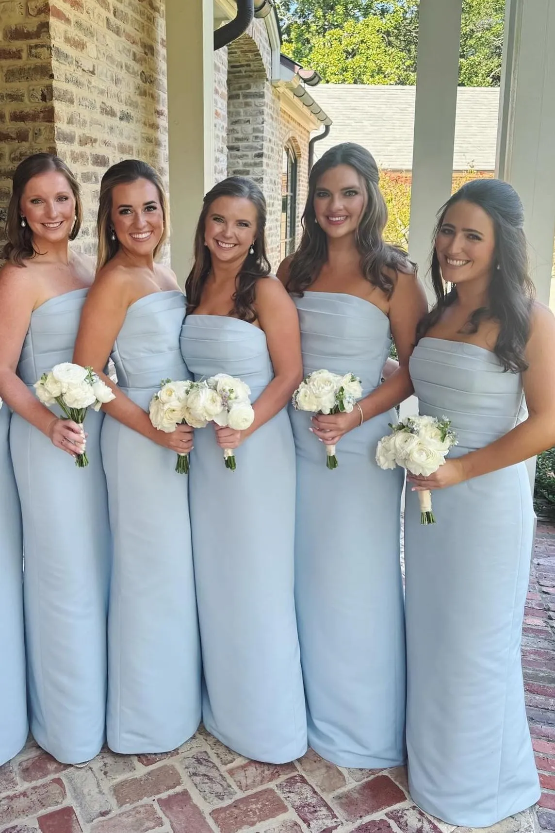 Strapless Light Blue Ruched Fitted Long Party Dress