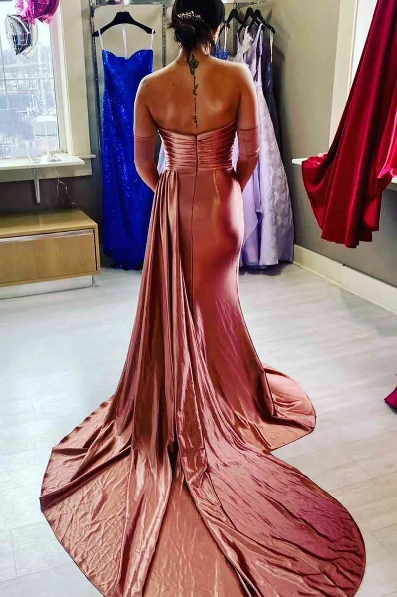Strapless Mermaid Satin Pleated Long Prom Dresses