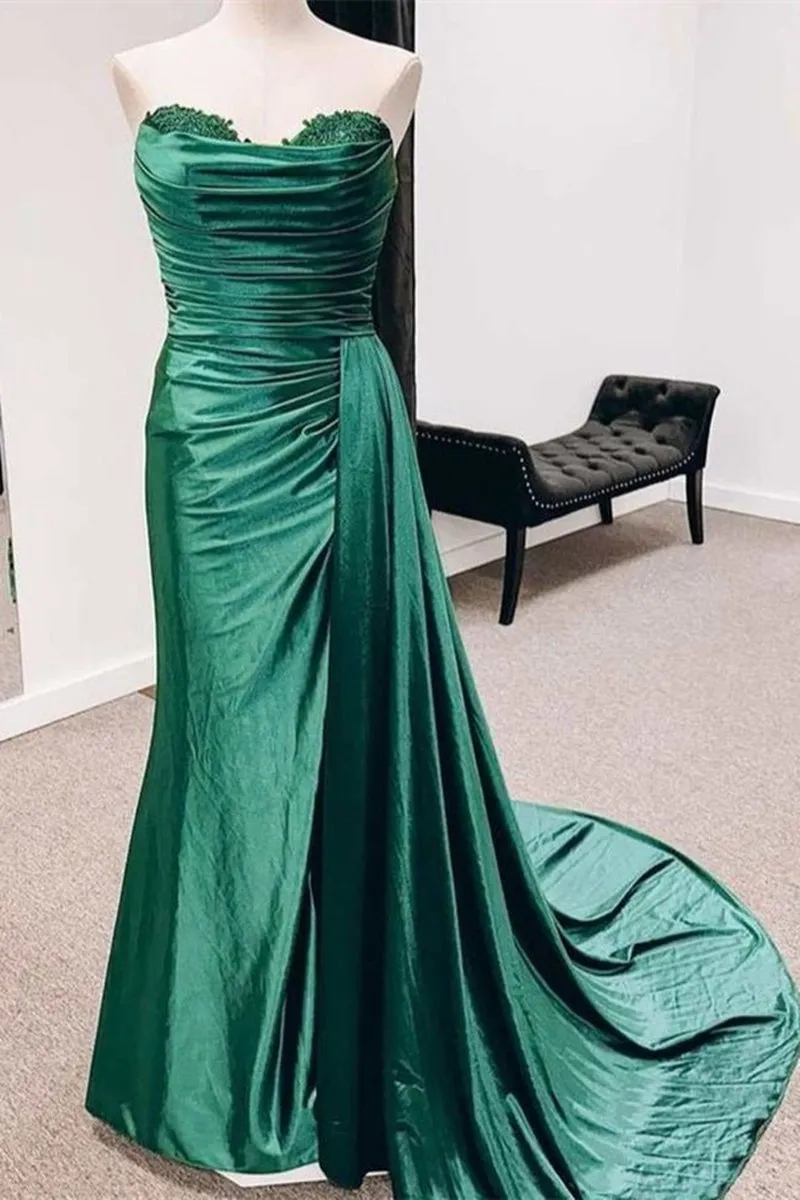 Strapless Mermaid Satin Pleated Long Prom Dresses