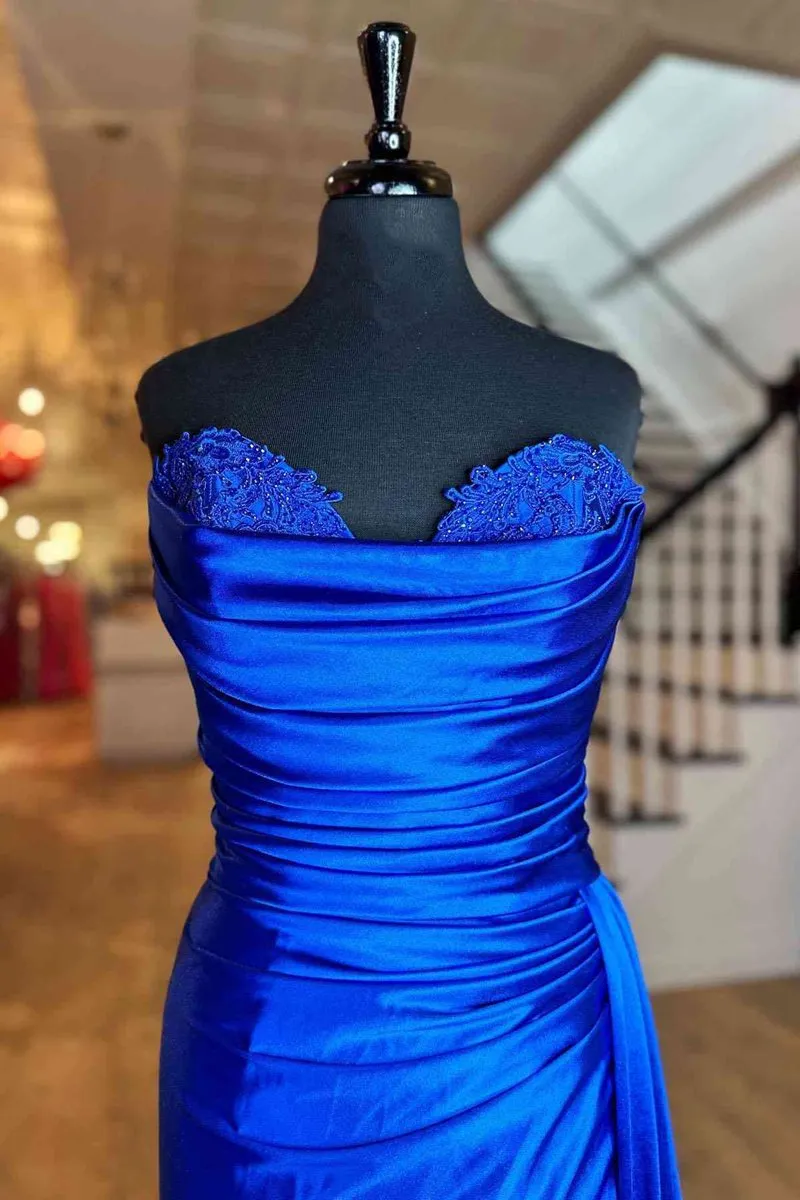 Strapless Mermaid Satin Pleated Long Prom Dresses