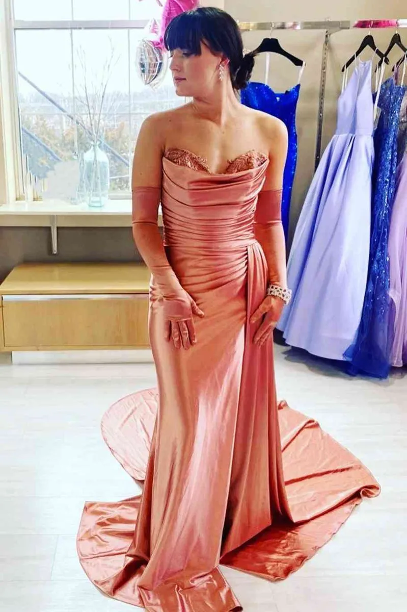 Strapless Mermaid Satin Pleated Long Prom Dresses