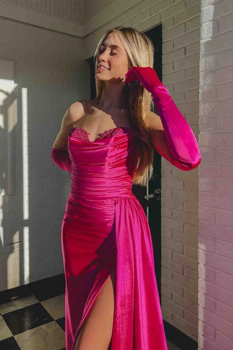 Strapless Mermaid Satin Pleated Long Prom Dresses