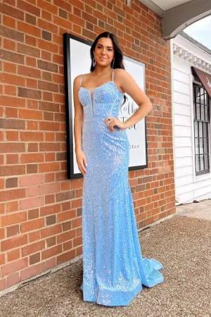 Straps Light Blue Sequin Mermaid Party Dress