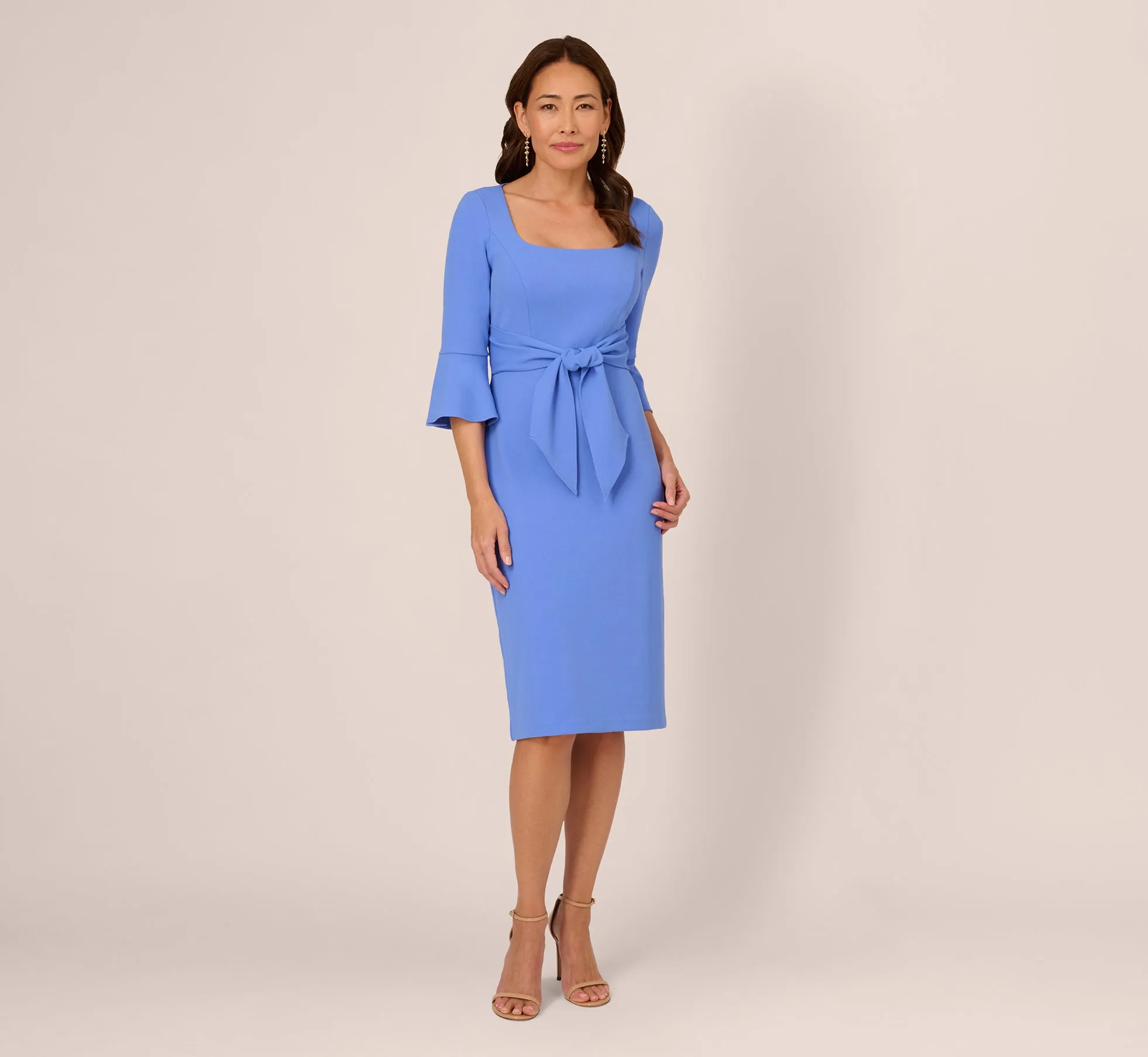 Stretch Knit Crepe Tie-Front Midi-Length Sheath Dress In Precious Peri