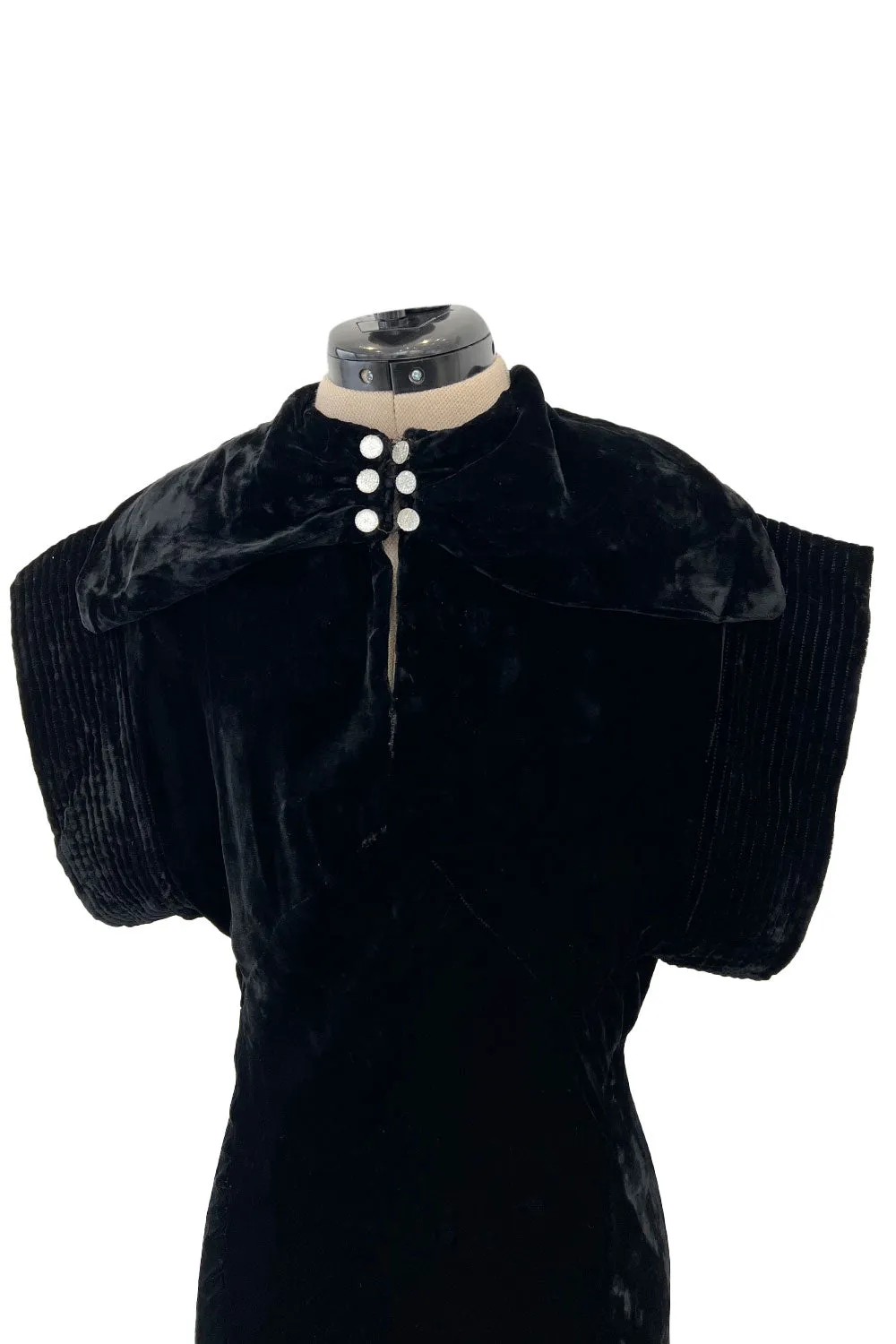 Stunning 1930s Black Silk Velvet Bias Cut Dress w Top Stitched Sleeves & Silver Glitter Buttons