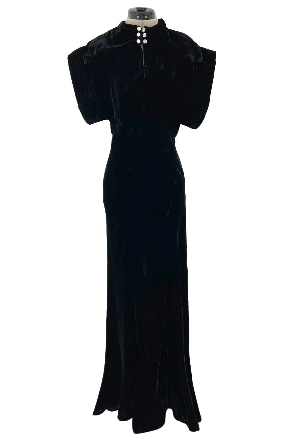 Stunning 1930s Black Silk Velvet Bias Cut Dress w Top Stitched Sleeves & Silver Glitter Buttons