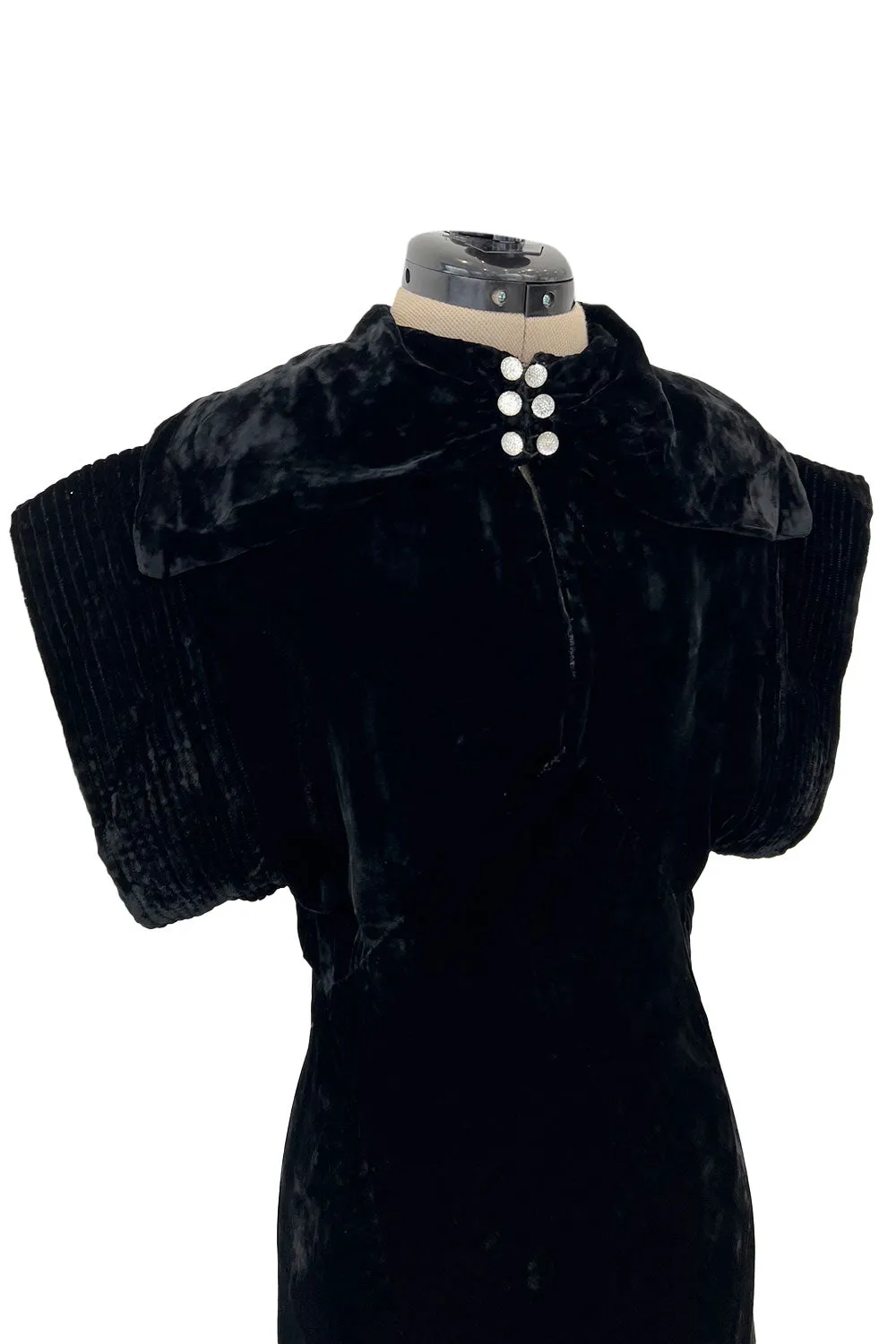 Stunning 1930s Black Silk Velvet Bias Cut Dress w Top Stitched Sleeves & Silver Glitter Buttons