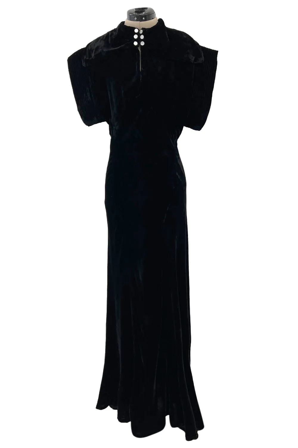Stunning 1930s Black Silk Velvet Bias Cut Dress w Top Stitched Sleeves & Silver Glitter Buttons