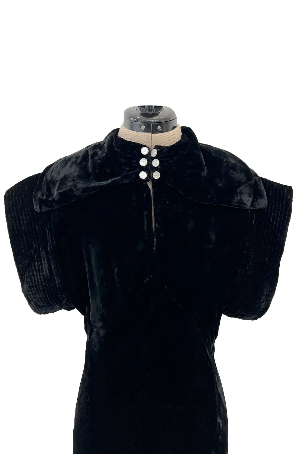 Stunning 1930s Black Silk Velvet Bias Cut Dress w Top Stitched Sleeves & Silver Glitter Buttons