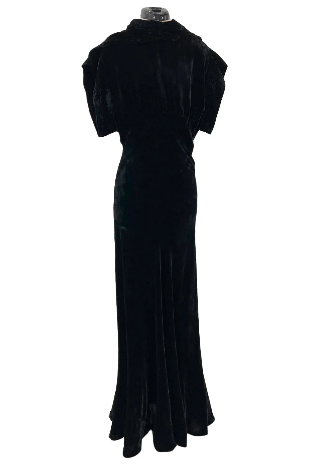 Stunning 1930s Black Silk Velvet Bias Cut Dress w Top Stitched Sleeves & Silver Glitter Buttons