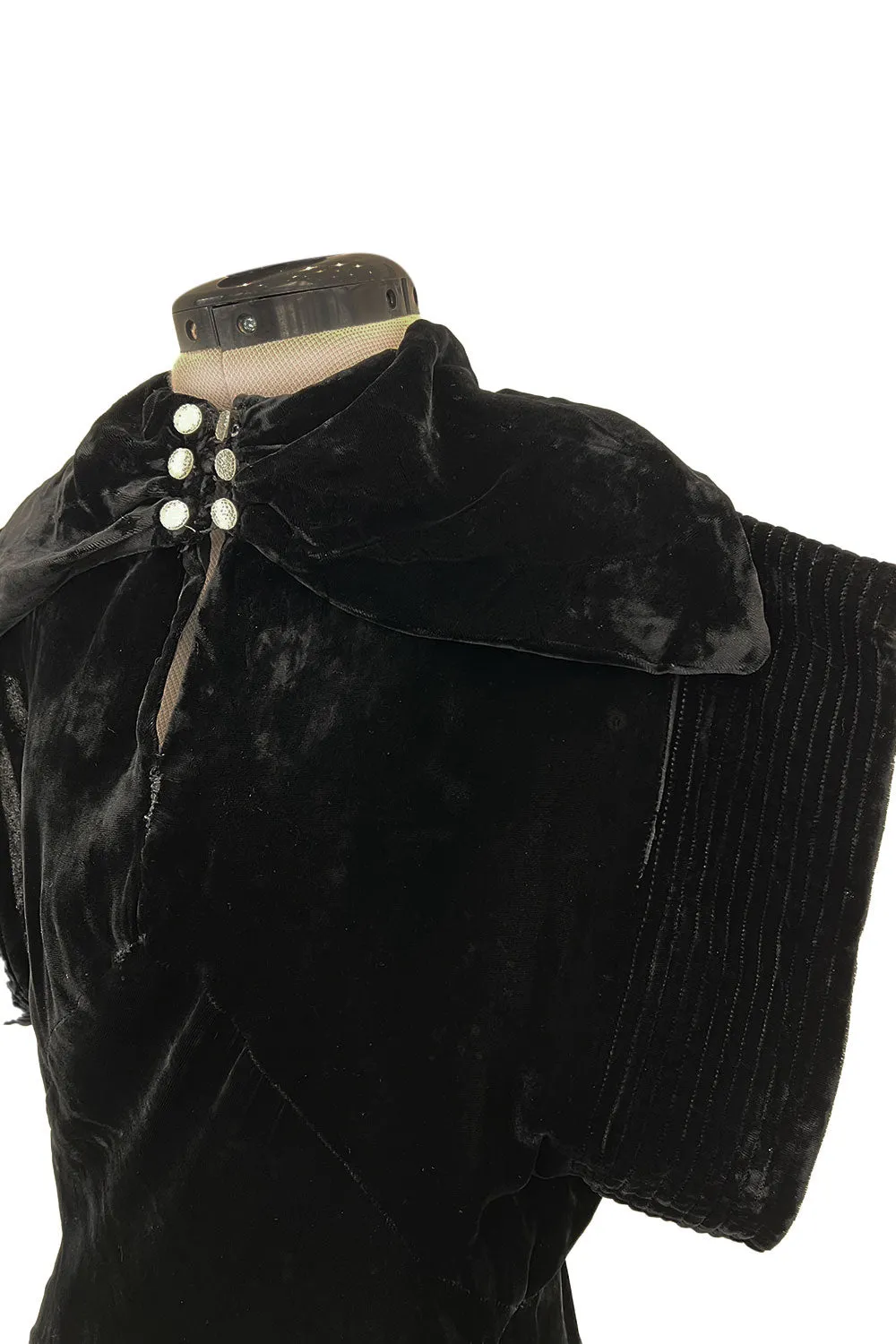 Stunning 1930s Black Silk Velvet Bias Cut Dress w Top Stitched Sleeves & Silver Glitter Buttons