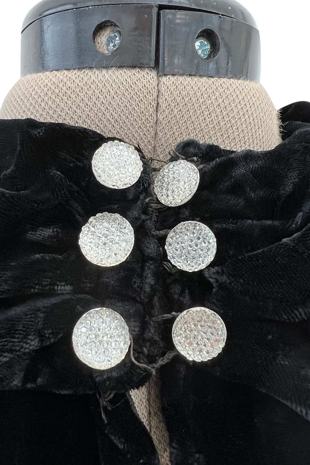 Stunning 1930s Black Silk Velvet Bias Cut Dress w Top Stitched Sleeves & Silver Glitter Buttons