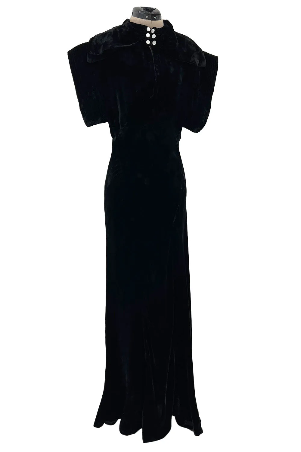 Stunning 1930s Black Silk Velvet Bias Cut Dress w Top Stitched Sleeves & Silver Glitter Buttons