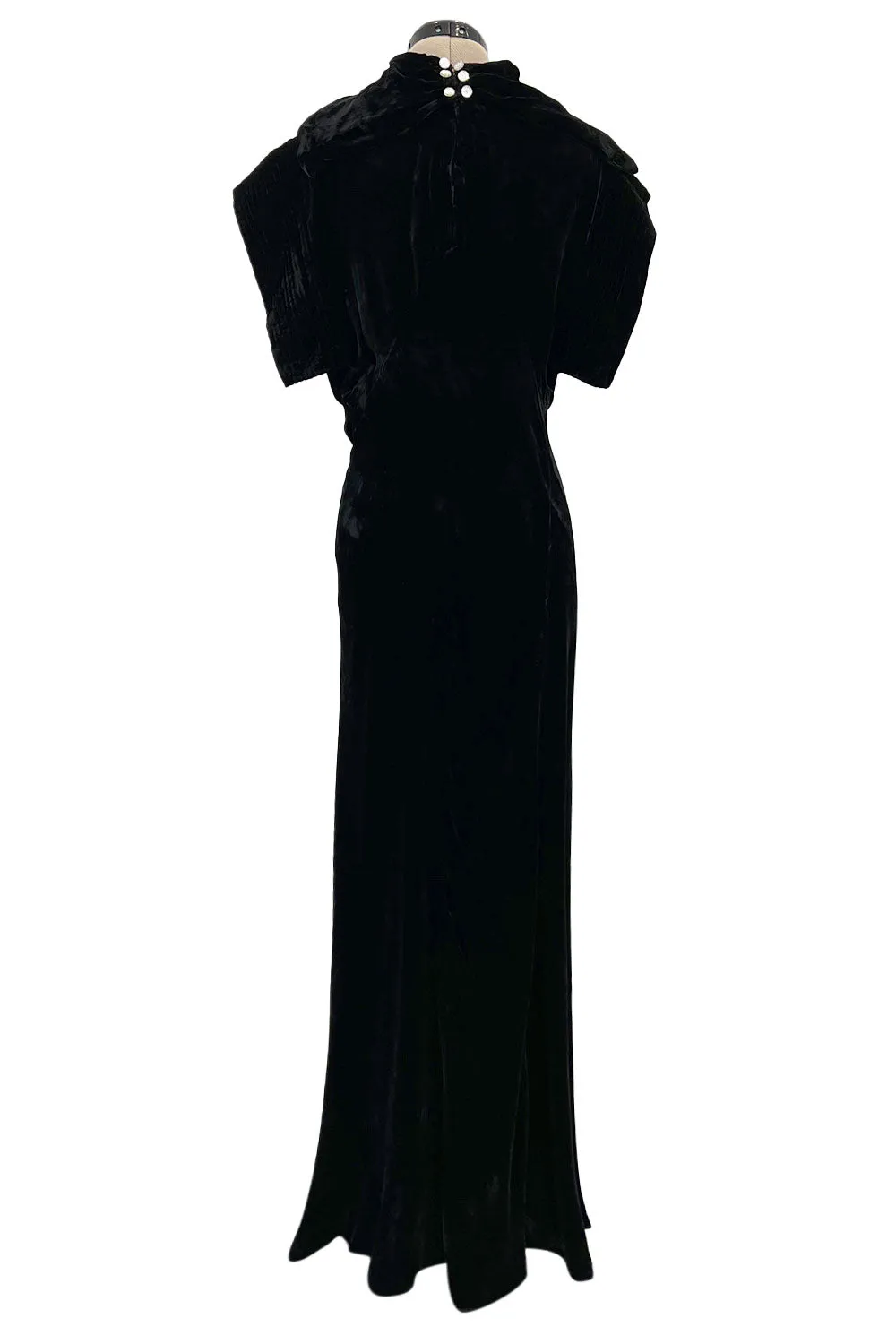 Stunning 1930s Black Silk Velvet Bias Cut Dress w Top Stitched Sleeves & Silver Glitter Buttons