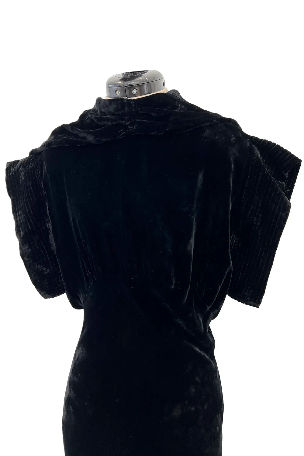 Stunning 1930s Black Silk Velvet Bias Cut Dress w Top Stitched Sleeves & Silver Glitter Buttons