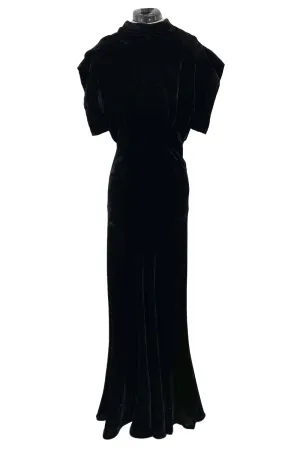Stunning 1930s Black Silk Velvet Bias Cut Dress w Top Stitched Sleeves & Silver Glitter Buttons