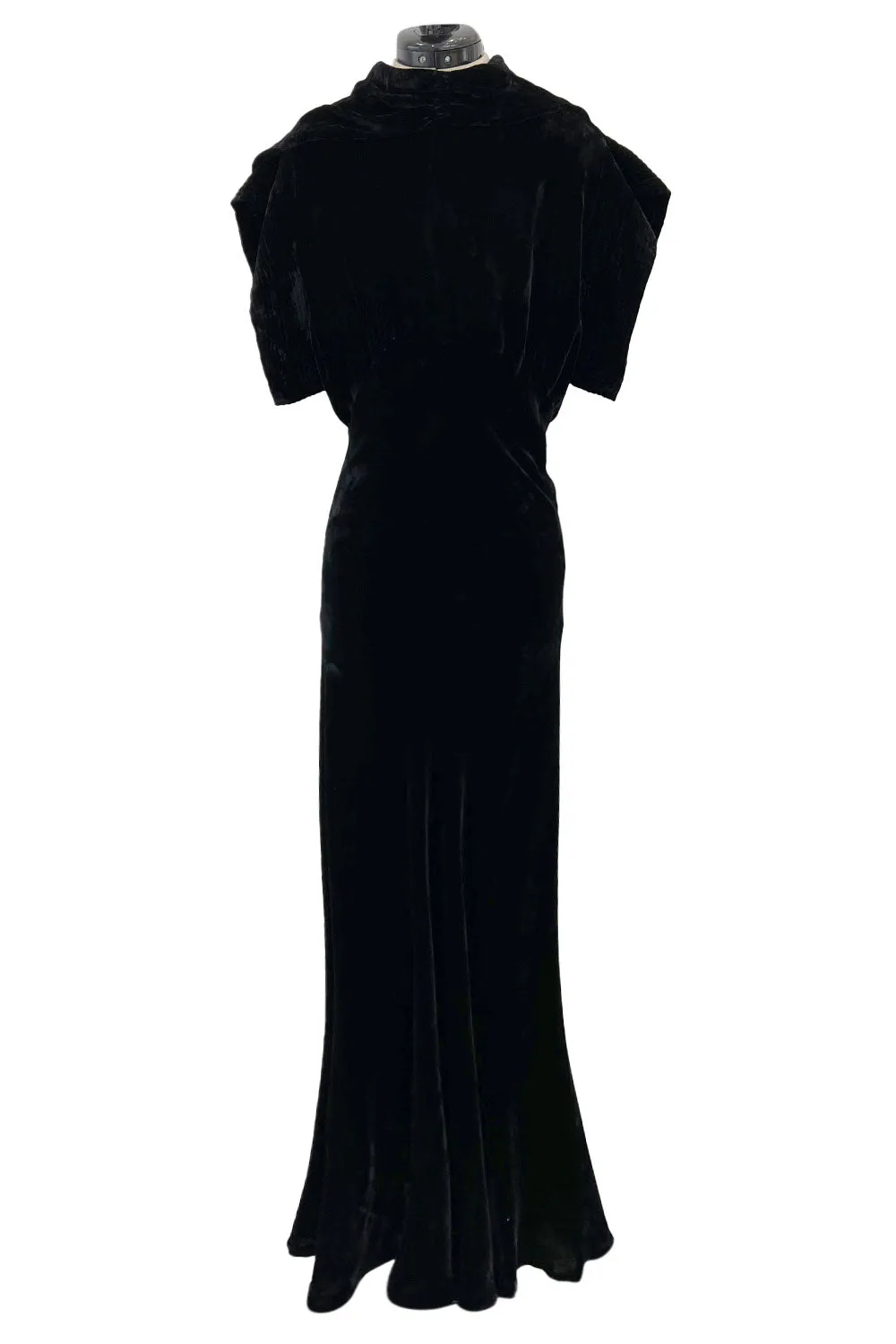 Stunning 1930s Black Silk Velvet Bias Cut Dress w Top Stitched Sleeves & Silver Glitter Buttons