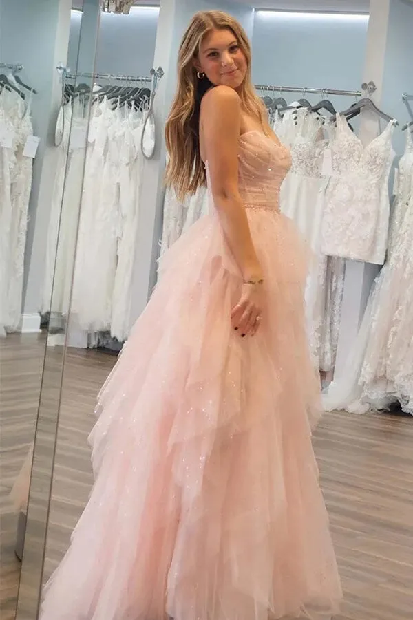 Stunning Light Pink Tulle A-line Strapless Prom Dress, Evening Dresses, MP885