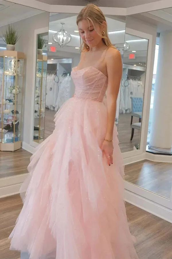Stunning Light Pink Tulle A-line Strapless Prom Dress, Evening Dresses, MP885