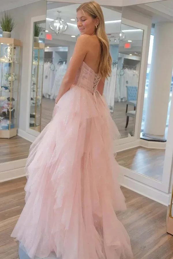 Stunning Light Pink Tulle A-line Strapless Prom Dress, Evening Dresses, MP885