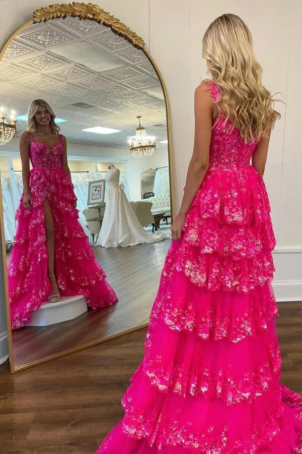 Stunning Tulle Tiered A-line Spaghetti Straps Lace Prom Dresses With Slit, SLP058