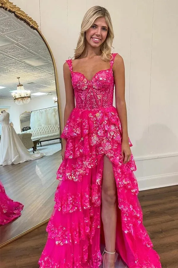 Stunning Tulle Tiered A-line Spaghetti Straps Lace Prom Dresses With Slit, SLP058