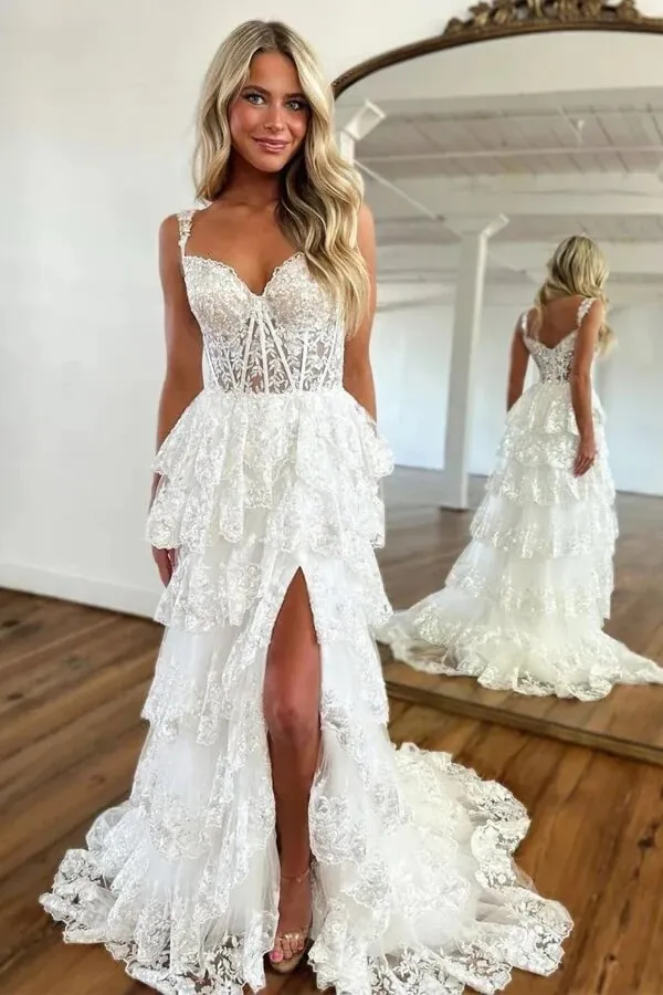 Stunning Tulle Tiered A-line Spaghetti Straps Lace Prom Dresses With Slit, SLP058